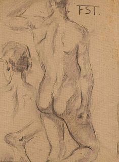 Focke, Wilhelm H. 1878 - Bremen - 1974. Male supine nude. 1910/1920s. Charcoal/brown paper,