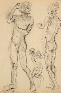 Focke, Wilhelm H. 1878 - Bremen - 1974. study sheet with three standing male nudes, verso study of a