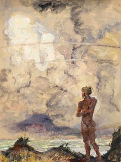 Focke, Wilhelm H. 1878 - Bremen - 1974. Standing boy in the dunes looking at a cloud. Preliminary