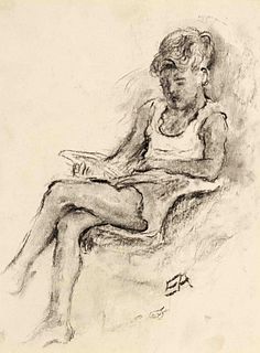Focke, Wilhelm H. 1878 - Bremen - 1974. sitting boy reading. 1920s/30s. Charcoal/paper,