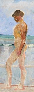 Focke, Wilhelm H. 1878 - Bremen - 1974. male nude at the beach. 1908. oil/hard fiber, unsigned, 30 x