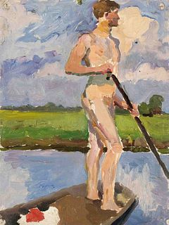 Focke, Wilhelm H. 1878 - Bremen - 1974. study of a male nude standing on a boat. Oil on canvas,