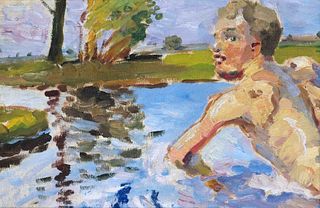 Focke, Wilhelm H. 1878 - Bremen - 1974 Bathing boy in the lake. Oil/canvas mounted on painting