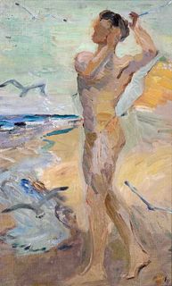 Focke, Wilhelm H. 1878 - Bremen - 1974. male nude on the beach. Study. Oil/hard fiber, unsigned,