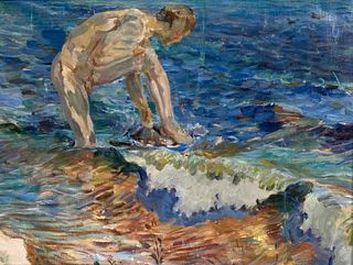 Focke, Wilhelm H. 1878 - Bremen - 1974. boy in the surf. Oil/canvas, unsigned, 60 x 80 cm, rubbed,