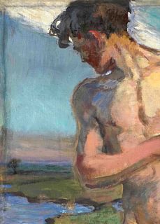 Focke, Wilhelm H. 1878 - Bremen - 1974. male nude in front of landscape. Oil/canvas, unsigned, 70
