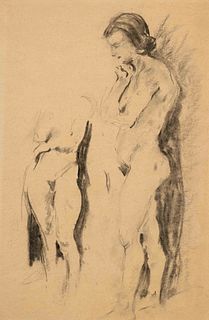 Focke, Wilhelm H. 1878 - Bremen - 1974. Two standing female nudes. 1920/30s. Charcoal drawing/paper,