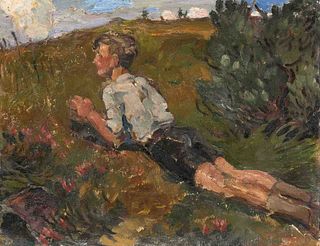 Focke, Wilhelm H. 1878 - Bremen - 1974. 2 works, oil/canvas 1) Boy lying in a meadow, 1930/40s,
