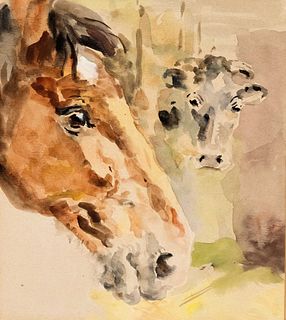 Focke, Wilhelm H. 1878 - Bremen - 1974. horse and cow head in a stable, 1930/40s, watercolor/