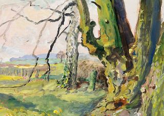 Focke, Wilhelm H. 1878 - Bremen - 1974. spring landscape in the WÃ¼mmen lowlands. 1930/40s, gouache/