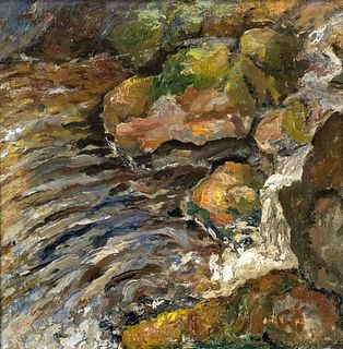 Focke, Wilhelm H. 1878 - Bremen - 1974. stream over rocky shore. Oil/canvas mounted on hardboard,