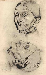Focke, Wilhelm H. 1878 - Bremen - 1974. Head of an old lady en face and in profile. 1899. black