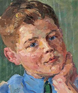 Focke, Wilhelm H. 1878 - Bremen - 1974. portrait of a boy with blue shirt. 1920s. Oil/canvas,