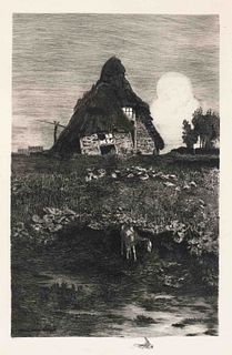End, Hans am. 1864 Trier - 1918 Stettin. Farmer's cottage in the moor. Etching, signed lower left in