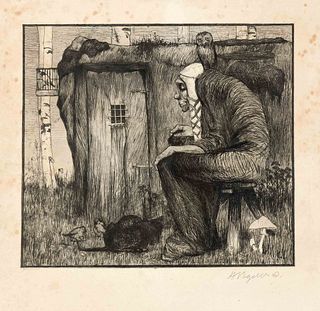 Vogeler, Heinrich. 1872 Bremen - 1942 Kazakhstan. The witch with owl. 1895. etching in brown/