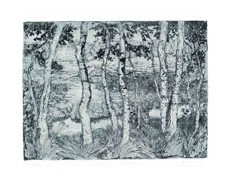 Overbeck, Fritz. 1869 Bremen - 1909 BrÃ¶cken. Birches at the moor ditch. Etching in green, signed ''