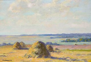 Krummacher, Karl. 1867 Elberfeld - 1955 Worpswede. Summer landscape with haystacks. Oil/cardboard,