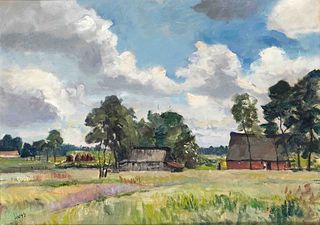 Huys, Bernhard. 1895 Oesede - 1973 Worpswede. ''Neu Bergedorf at hay time''. Oil/plate, verso