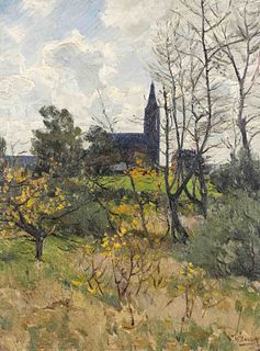 Bartsch, Wilhelm. 1871 Kiel - 1953 Worpswede. Autumn landscape with church. Oil/painting board,