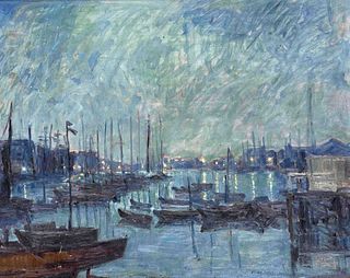 Wilke, Paul Ernst. 1894 Bremerhaven - 1971 Lilienthal. Moonlit night in the old harbor (