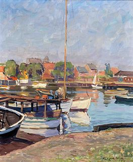 Wilke, Paul Ernst. 1894 Bremerhaven - 1971 Lilienthal. Harbor in Kerteminde, Denmark. 1955. oil/