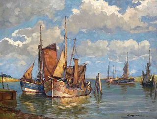 Wilke, Paul Ernst. 1894 Bremerhaven - 1971 Lilienthal. Fishing cutter in the harbor. 1952. oil/