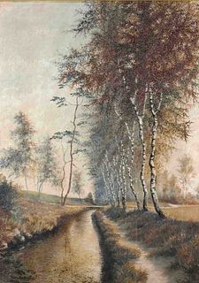 Uphoff, Fritz. 1890 Witten - 1966 Worpswede. Birches at the moor ditch. Oil/painting board. signed