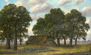Fischbeck, Ludwig. 1866 Oldenburg - 1945 HohenbÃ¶ken. Barn in Worpswede landscape. Oil/canvas, signed