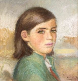 Sander-Plump, Agnes. 1888 Bremen - 1980 Lilienthal. Child in green jacket. Color chalk/paper, signed