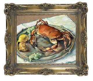 Lehmkuhl, Hans. 1883 - Bremen - 1969. still life with crab. 1949. oil/hard fiber, signed lower right