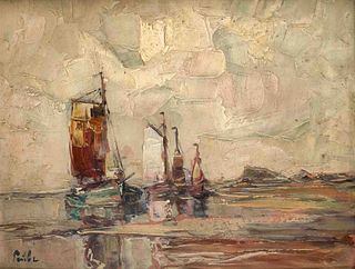 Priebe, Rudolf. 1889 Shulakovo/Kiev - 1964 Hamburg. Fishing boats at low tide on the beach. Oil/