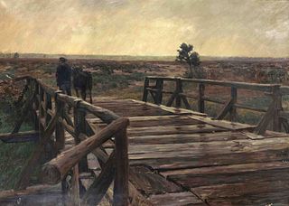 Mackensen, Fritz. 1866 Greene/Lower Saxony - 1953 Bremen. Large moorland landscape with bridge.