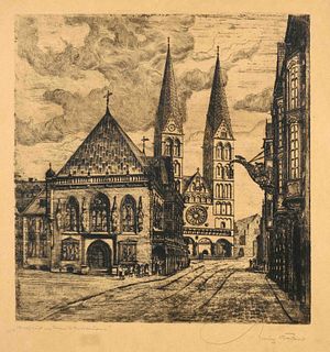 Baden, Heinz. 1887 - Bremen - 1954. Bremen town hall with view of the cathedral. Etching, signed