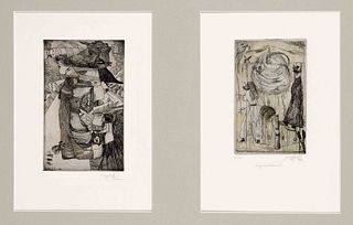 Morell, Pit. 1939 Kassel - lives and works in Worpswede. 2 drypoint etchings, 1) Puppet Tea