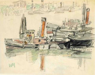 Menz, Willy. 1890 Quetzaltenango - 1969 Bremen. Four drawings with harbor motifs, color chalk/