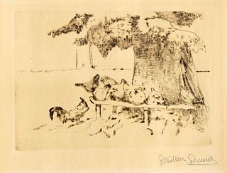 MÃ¼ller-Scheessel, Ernst. 1863 ScheeÃŸel - 1936 Bremen. Chickens under a tree. Etching, signed