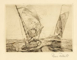Folkerts, Poppe. 1875 - Norderney - 1949. sloops in high swell. Etching, signed with blstft. lower