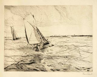 Folkerts, Poppe. 1875 - Norderney - 1949. boats off Norderney. Large etching, signed Poppe
