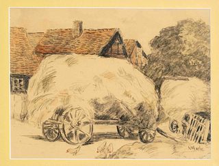 Wencke, Sophie. 1874 Bremerhaven - 1963 Worpswede. Hay cart in the yard. Circa 1935. watercolor