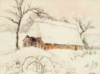 Wencke, Sophie. 1874 Bremerhaven - 1963 Worpswede. Snowy landscape with farmer's cottage. Color