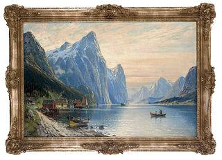 Bertold, Carl. 1870 - ?. Fjord landscape. Oil/canvas, signed lower left C. Bertold, 80 x 120,5 cm,
