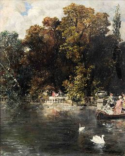 Unidentified genre painter around 1900. Gallant boat party on the castle pond. 1903. oil/canvas,