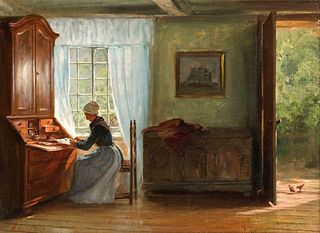 Langfeld, A. Genre and interior painter early 20th c. North German interior with a lady sitting at a