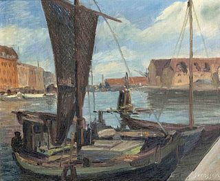 Svensson. Probably Danish landscape painter early 20th c. Port of Copenhagen. Oil/canvas, signed and