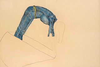 Unidentified contemporary artist. Figure doing a handstand. Color chalk drawing/cardboard, unsigned,