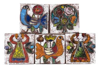 Weichberger, Heide. 1922 - Bremen - 1980. Five small wall tiles. Bas-relief, ceramic (clay), colored