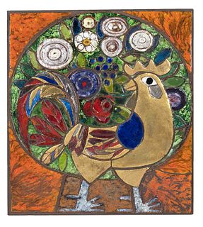 Weichberger, Heide. 1922 - Bremen - 1980. rooster standing in front of a floral don. Large wall