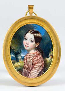Ross, William Charles. 1794 - 1860. attributed. Oval miniature portrait of a girl in red and white