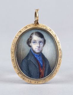 Miniature painter of the early 19th century. Oval miniature of a young gentleman with a blue