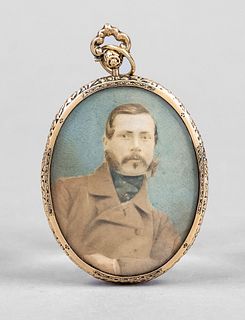 Miniature painter of the 19th century. Oval miniature of a young gentleman with whiskers. Watercolor